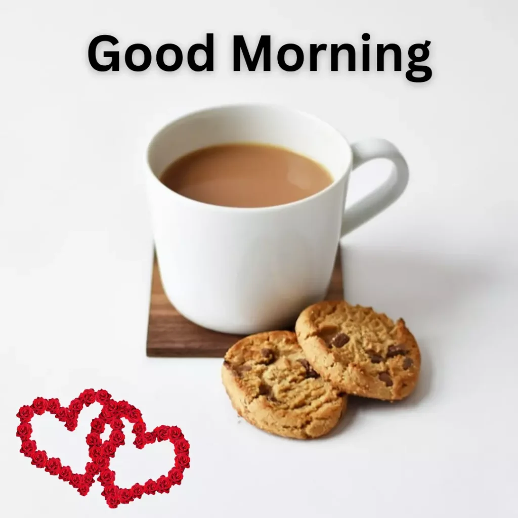 good morning images white cup with biscuits and two heart